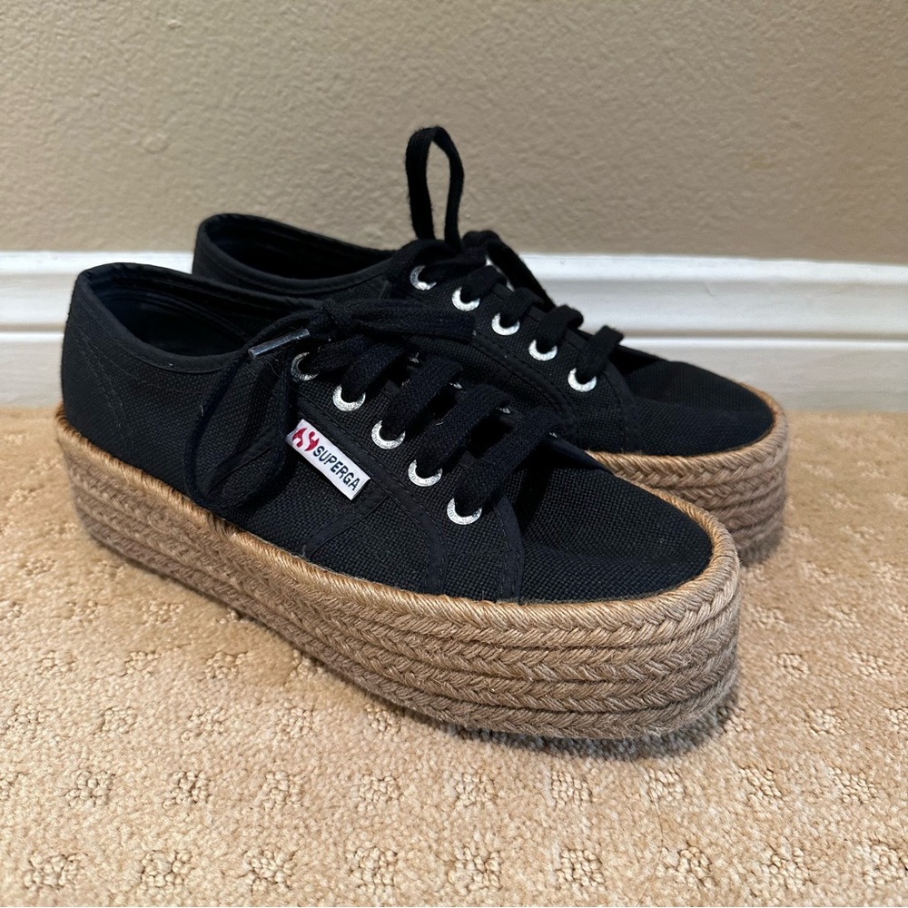 Superga 2790 black canvas platform jute sneakers